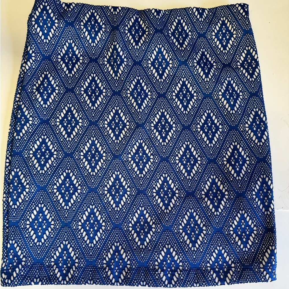 Career Pencil Skirt Renee C Elvira Lace Geo Print Large Blue Stretch Elastic